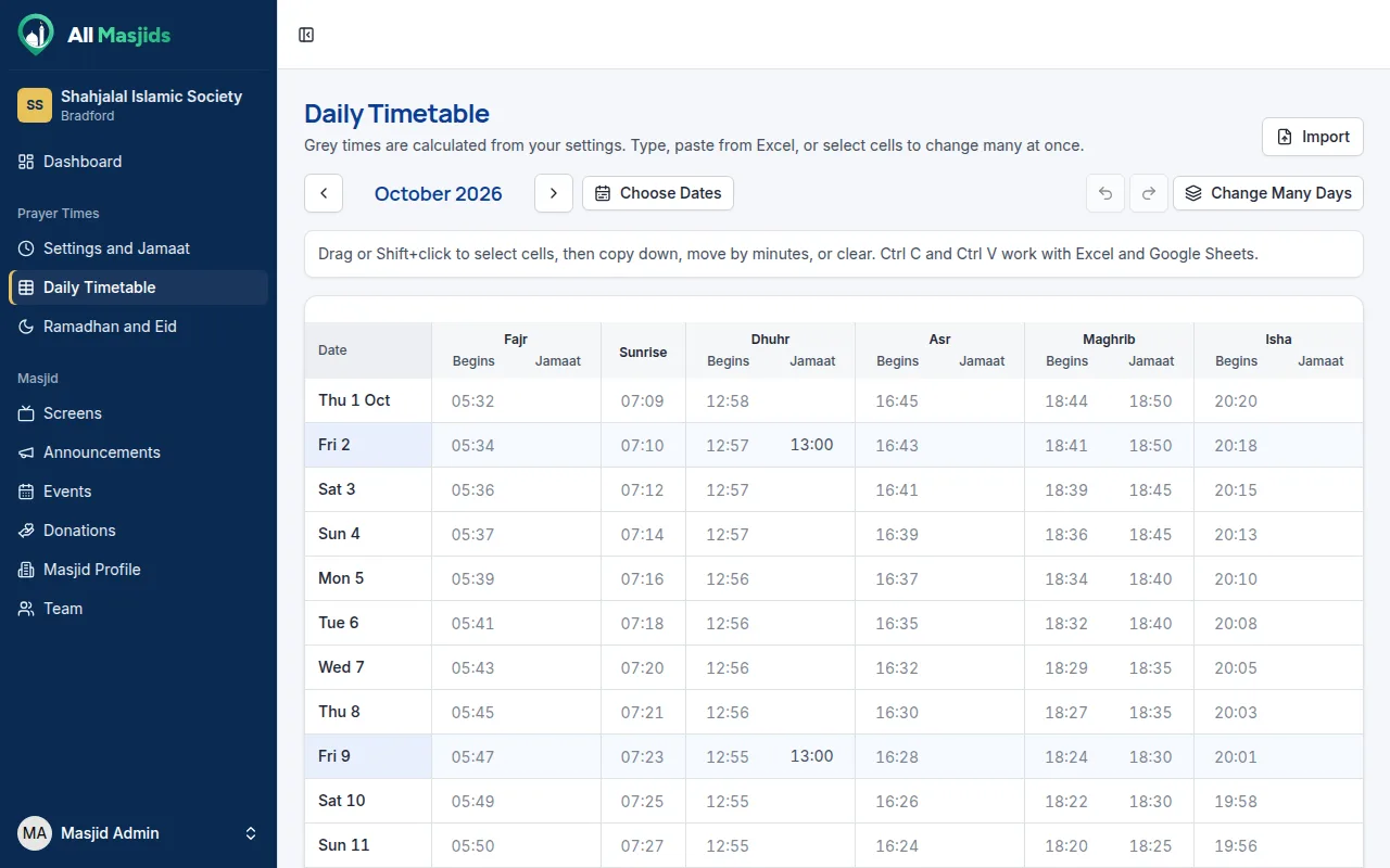 The daily timetable in the masjid portal, with jamaat times for each day