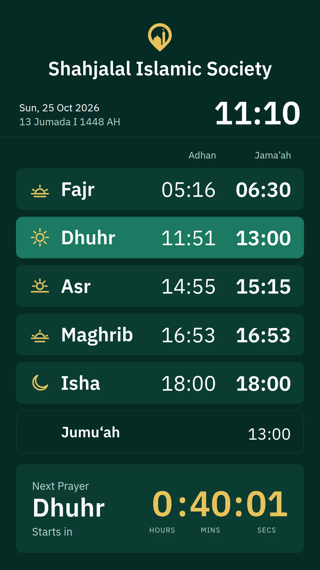 A portrait masjid TV showing the prayer list